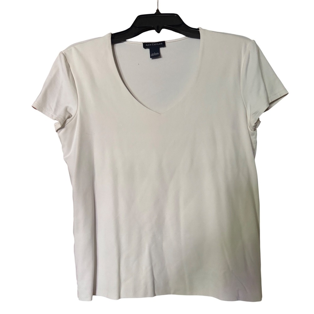 Ann Taylor Womens White V-Neck Short Sleeve Nylon Spandex Top Size L Made in USA